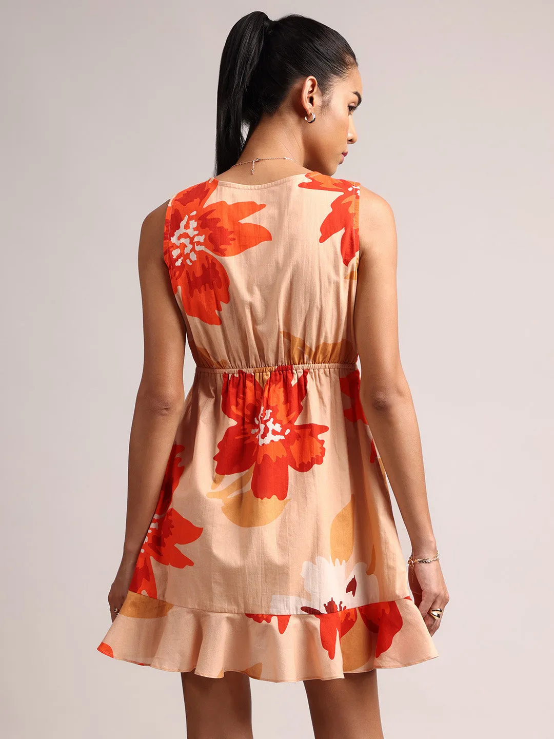 Peach Cotton Floral A-Line Dress