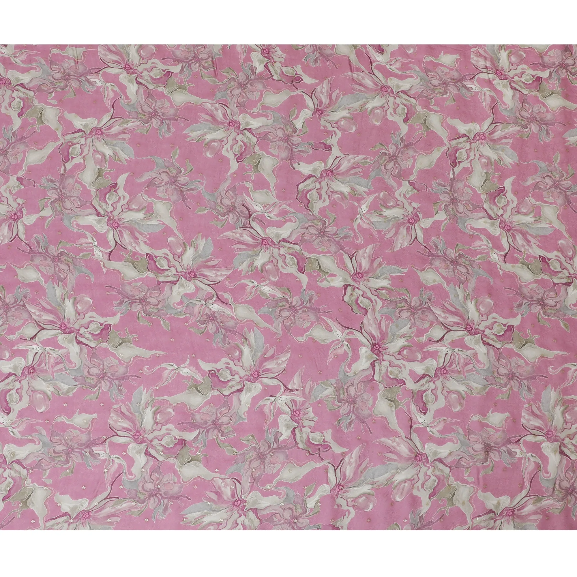 Pink and White Floral Synthetic Organza Fabric - 110 cm Width, Made in India-D19635