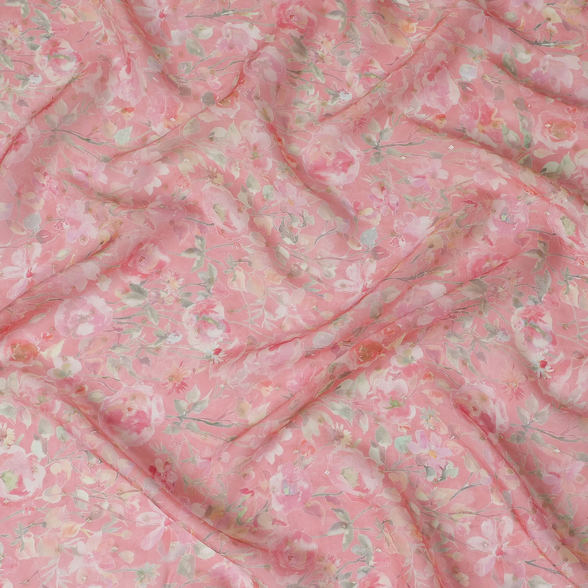 Pink Floral Synthetic Organza Fabric - 110 cm Width, Made in India-D19632