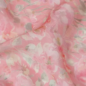 Pink Floral Synthetic Organza Fabric - 110 cm Width, Made in India-D19632