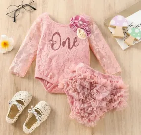 Pink Lace First Birthday Romper with Lace Bloomer #1000520