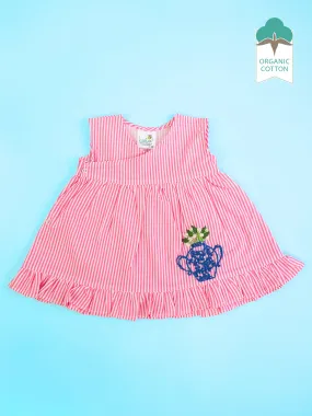 Pink - Organic Cotton Flower Pot Embroidered Girls Striped Jabla / Dress