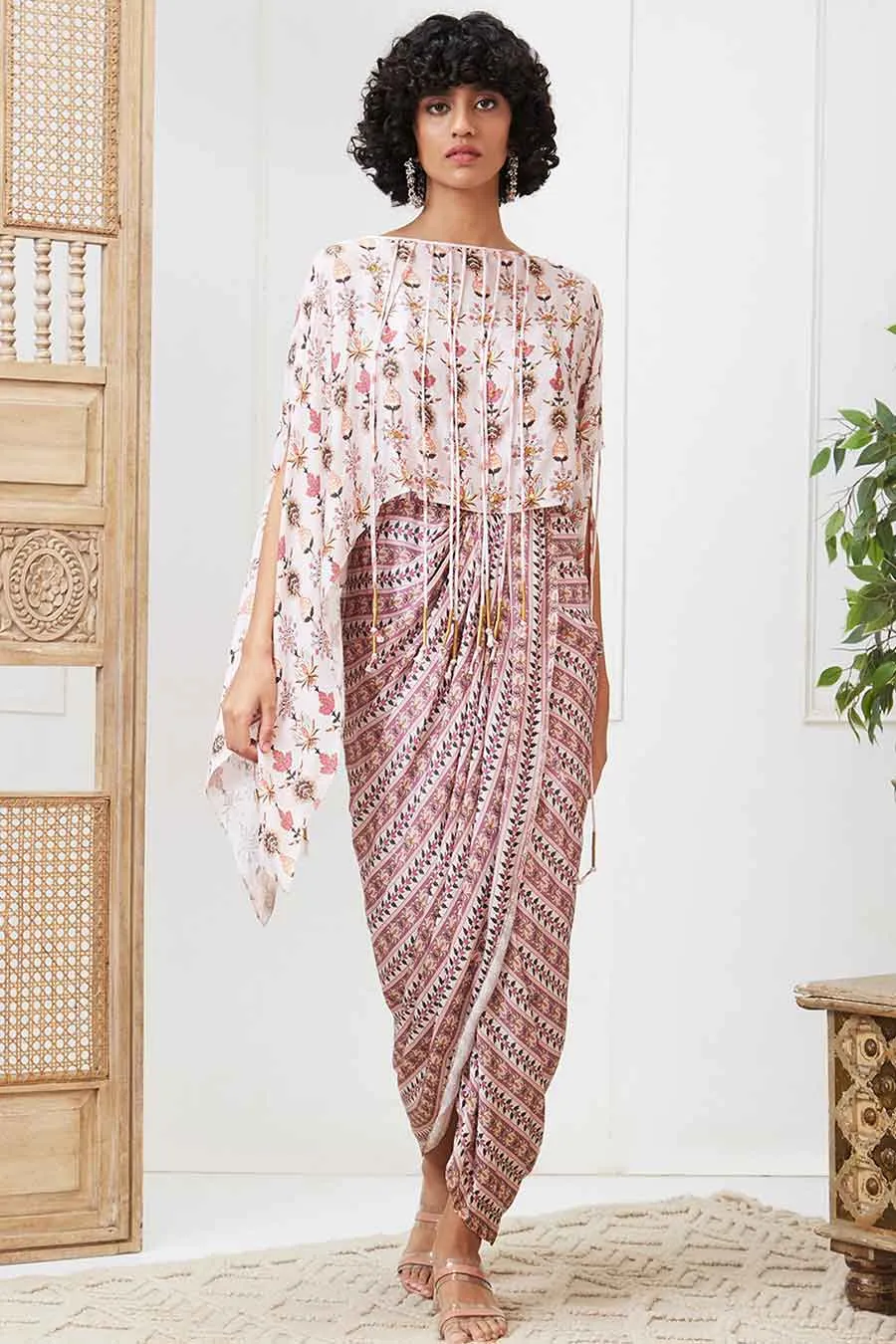 Pink Tabriz Embellished Drape Dress Set