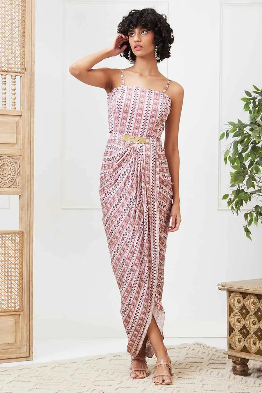 Pink Tabriz Embellished Drape Dress Set