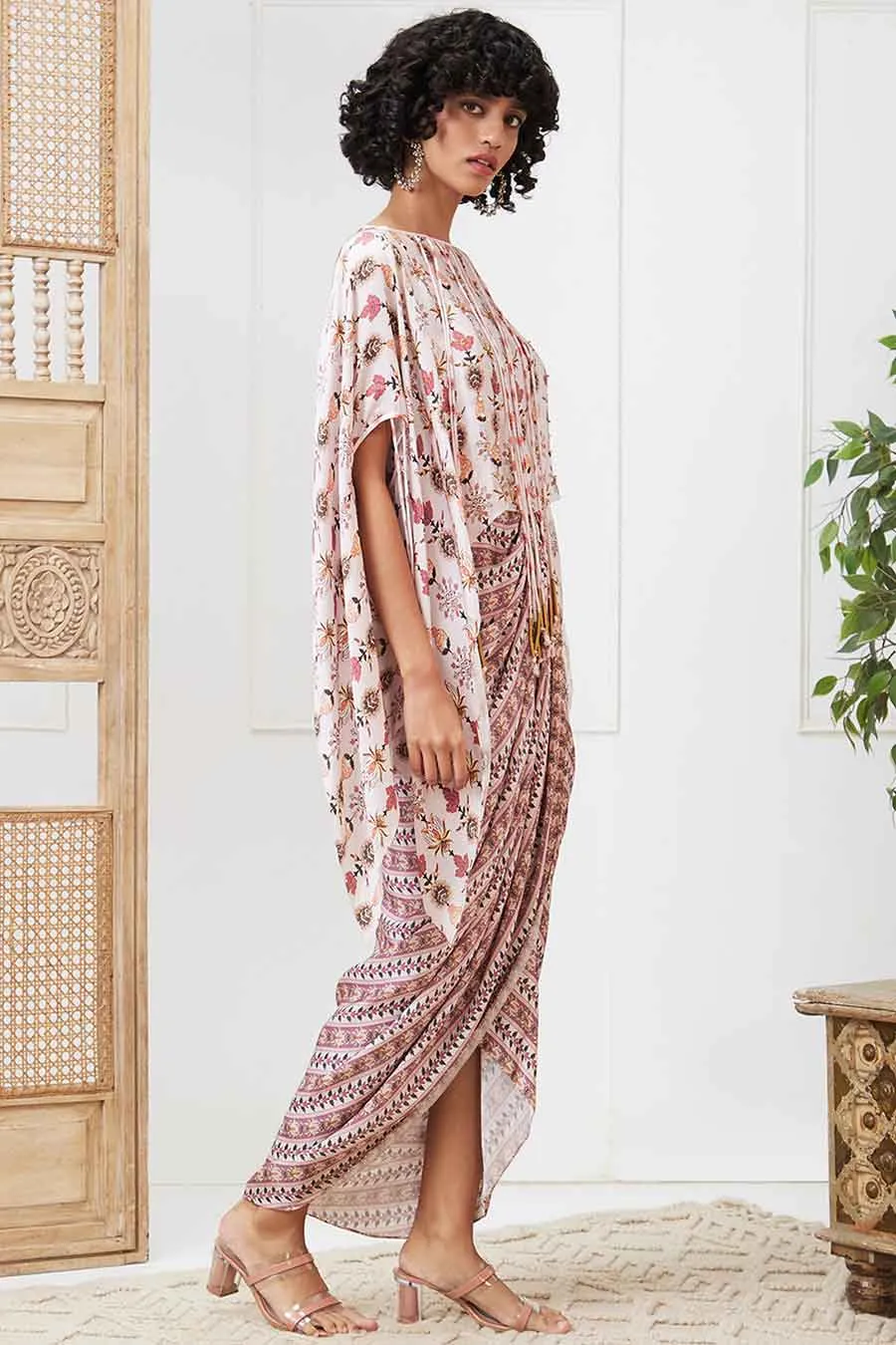 Pink Tabriz Embellished Drape Dress Set