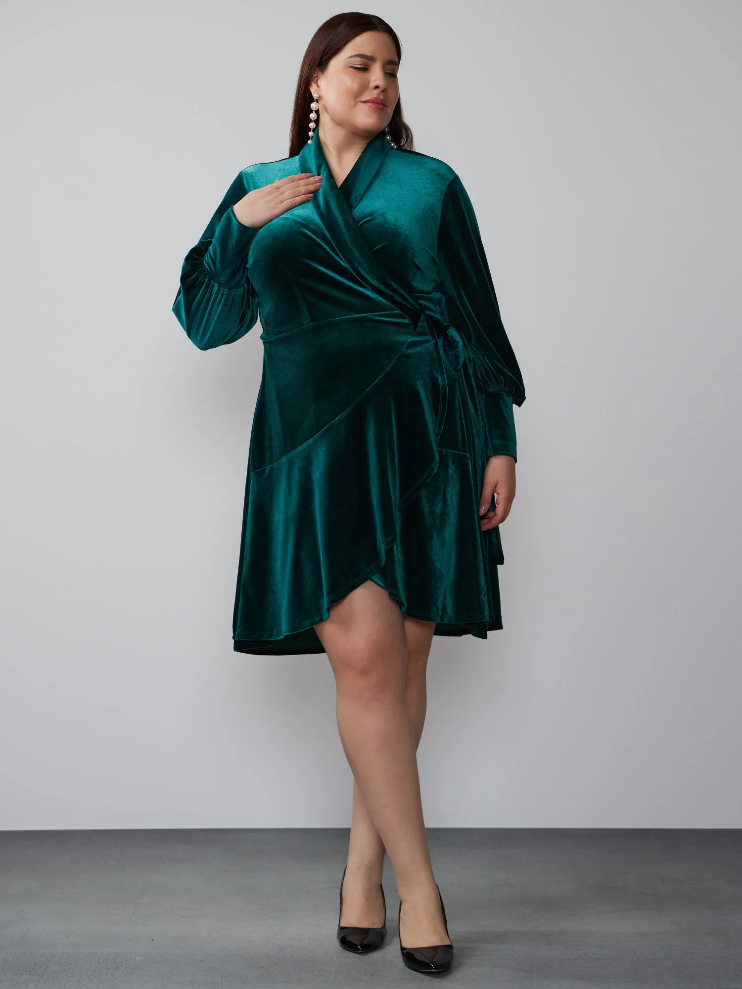 Plus Long Sleeve Velvet Wrap Dress