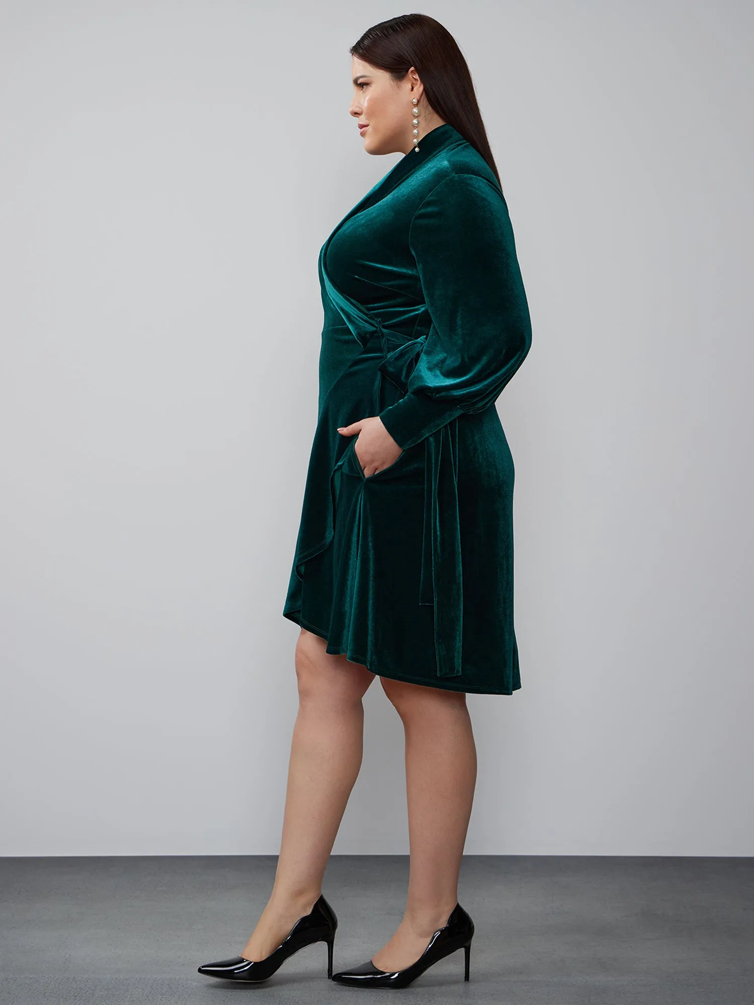 Plus Long Sleeve Velvet Wrap Dress