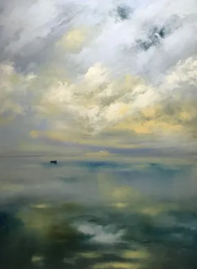 "Reflect" by Michael Marrinan - Contemporary Coastal Ocean and Clouds Oil Painting