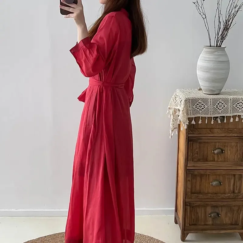 Red Linen Dress V-Neck Wrap Dress with 3/4 Sleeves