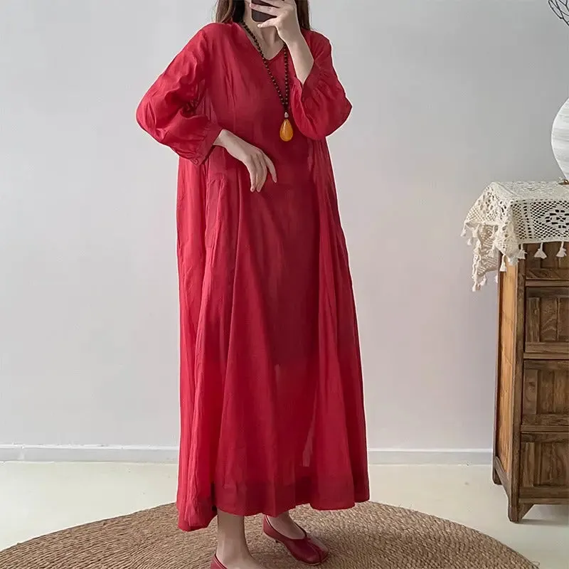 Red Linen Dress V-Neck Wrap Dress with 3/4 Sleeves