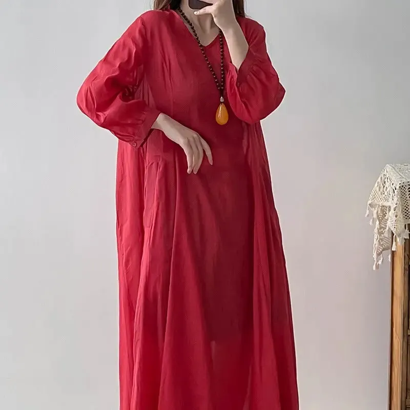 Red Linen Dress V-Neck Wrap Dress with 3/4 Sleeves