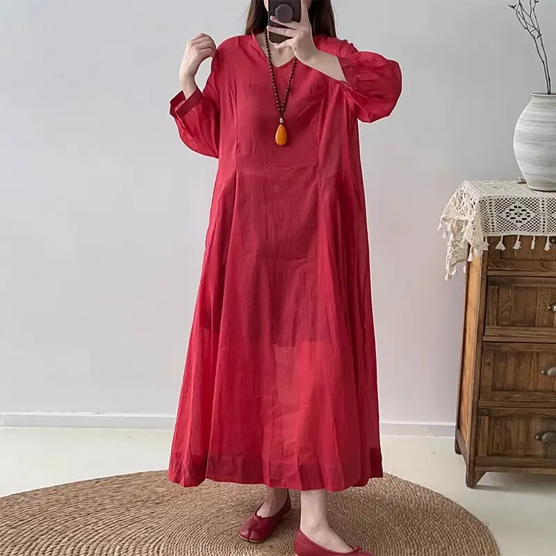 Red Linen Dress V-Neck Wrap Dress with 3/4 Sleeves