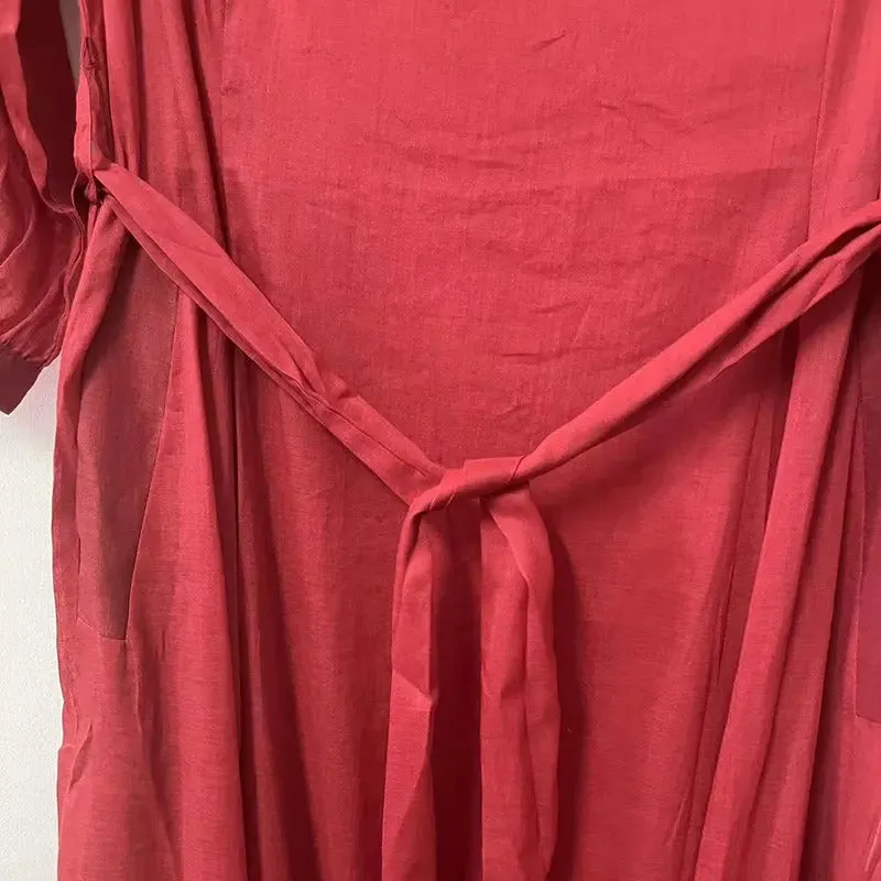 Red Linen Dress V-Neck Wrap Dress with 3/4 Sleeves