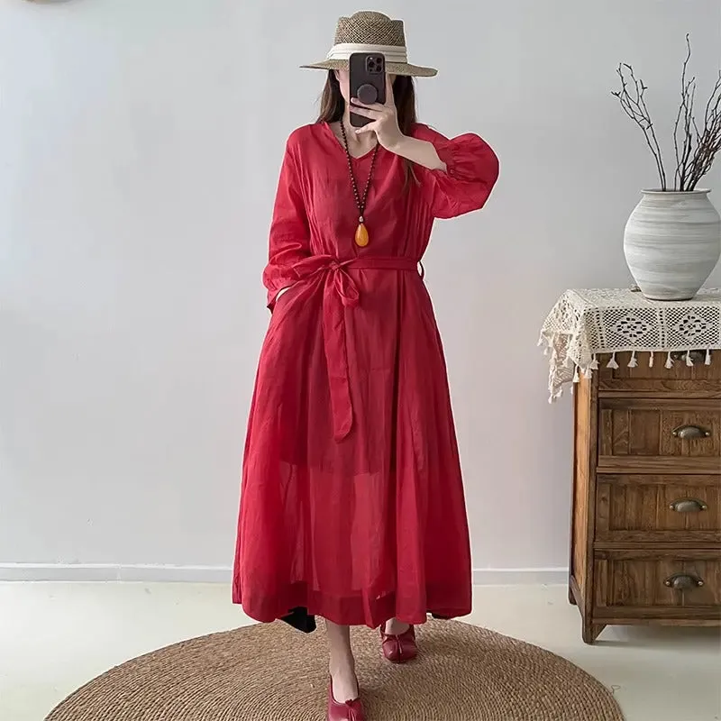 Red Linen Dress V-Neck Wrap Dress with 3/4 Sleeves