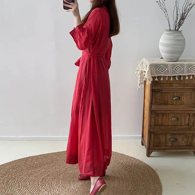 Red Linen Dress V-Neck Wrap Dress with 3/4 Sleeves