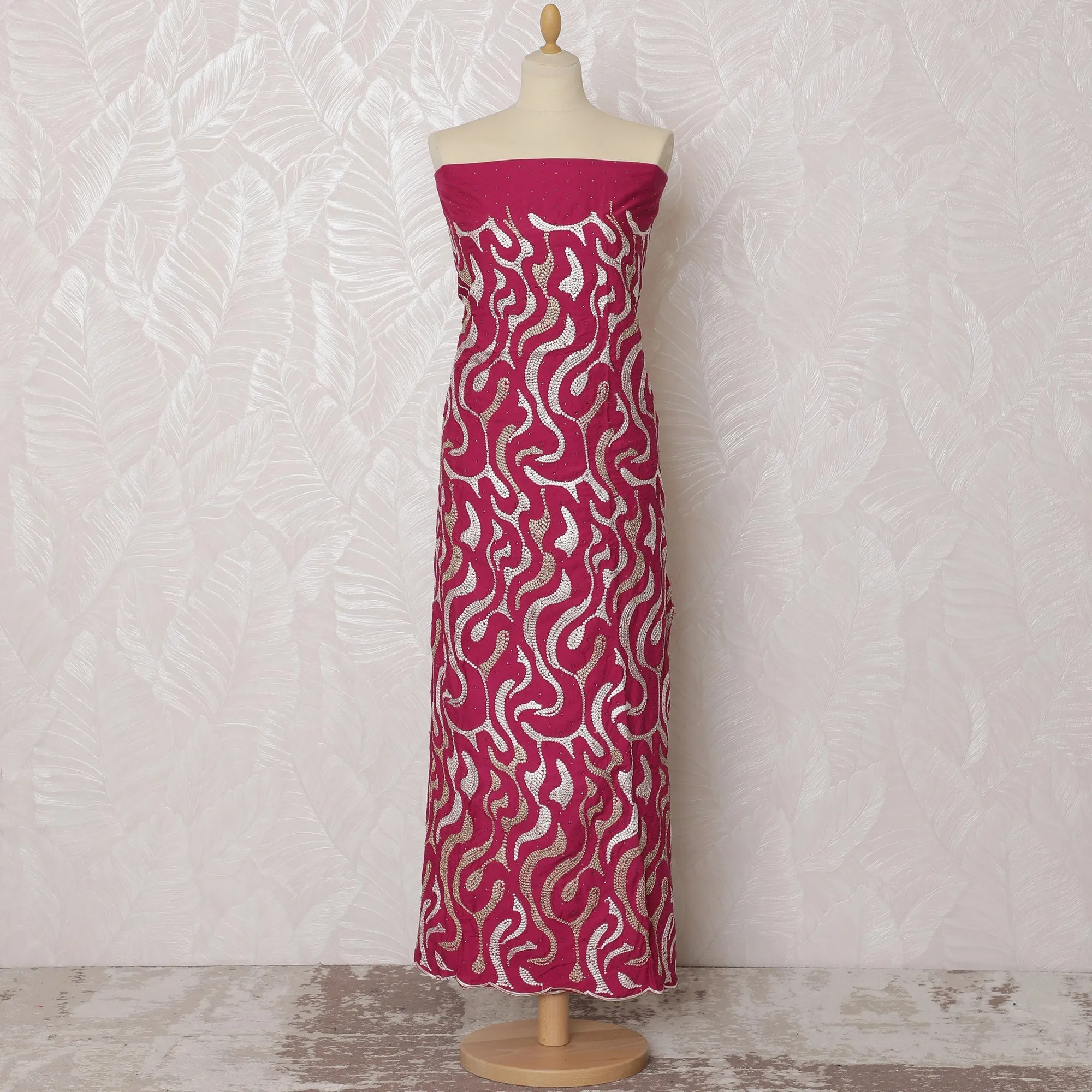 Rich Fuchsia Blended Cotton Fabric with White and Gold Embroidery - Last Piece of 3.0 Meters, 110 cm Width-D19773