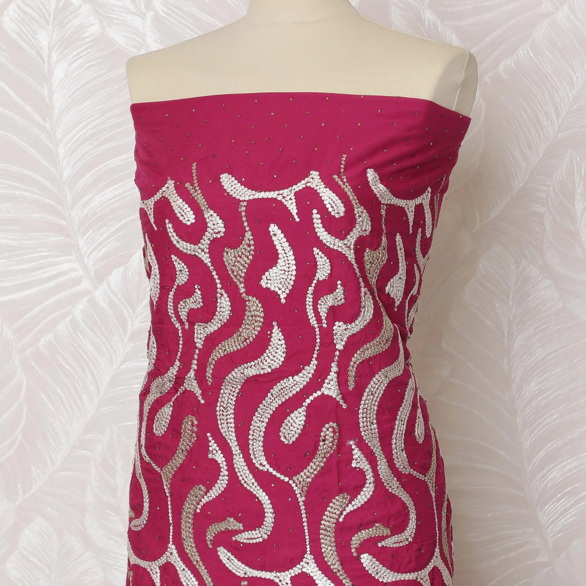 Rich Fuchsia Blended Cotton Fabric with White and Gold Embroidery - Last Piece of 3.0 Meters, 110 cm Width-D19773