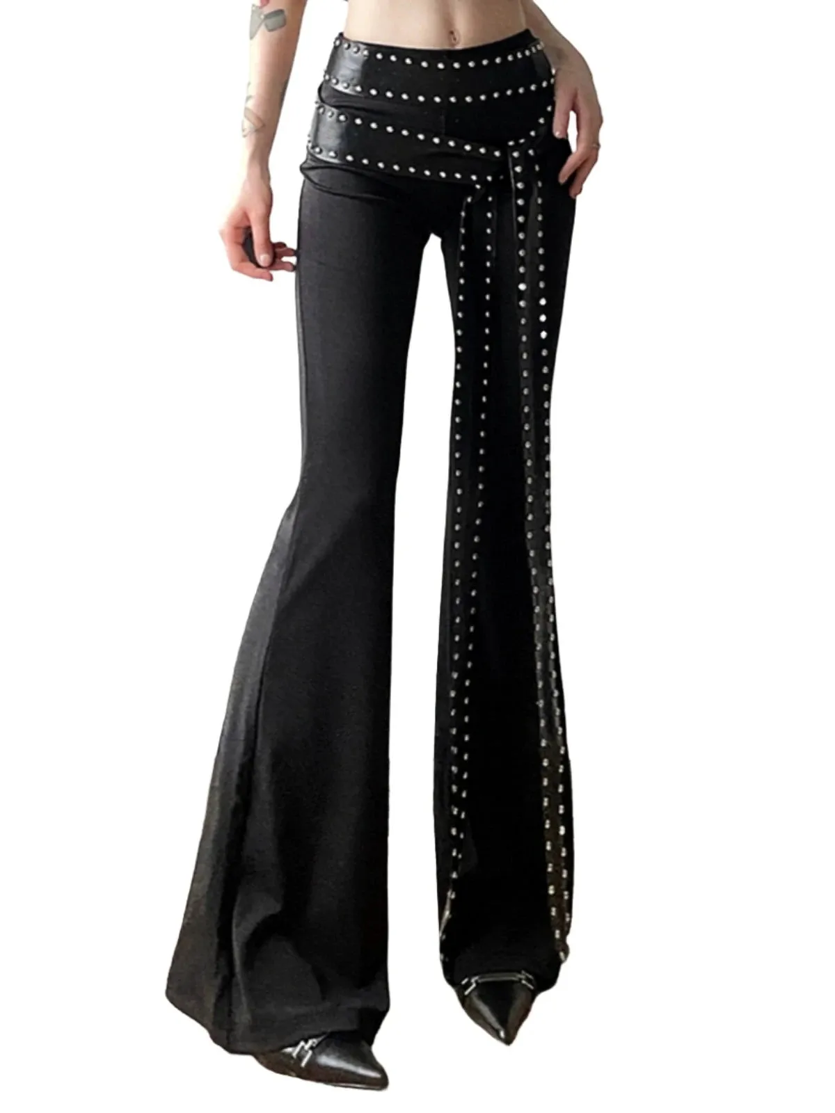 Rivet Belted Bell-Bottom Pants