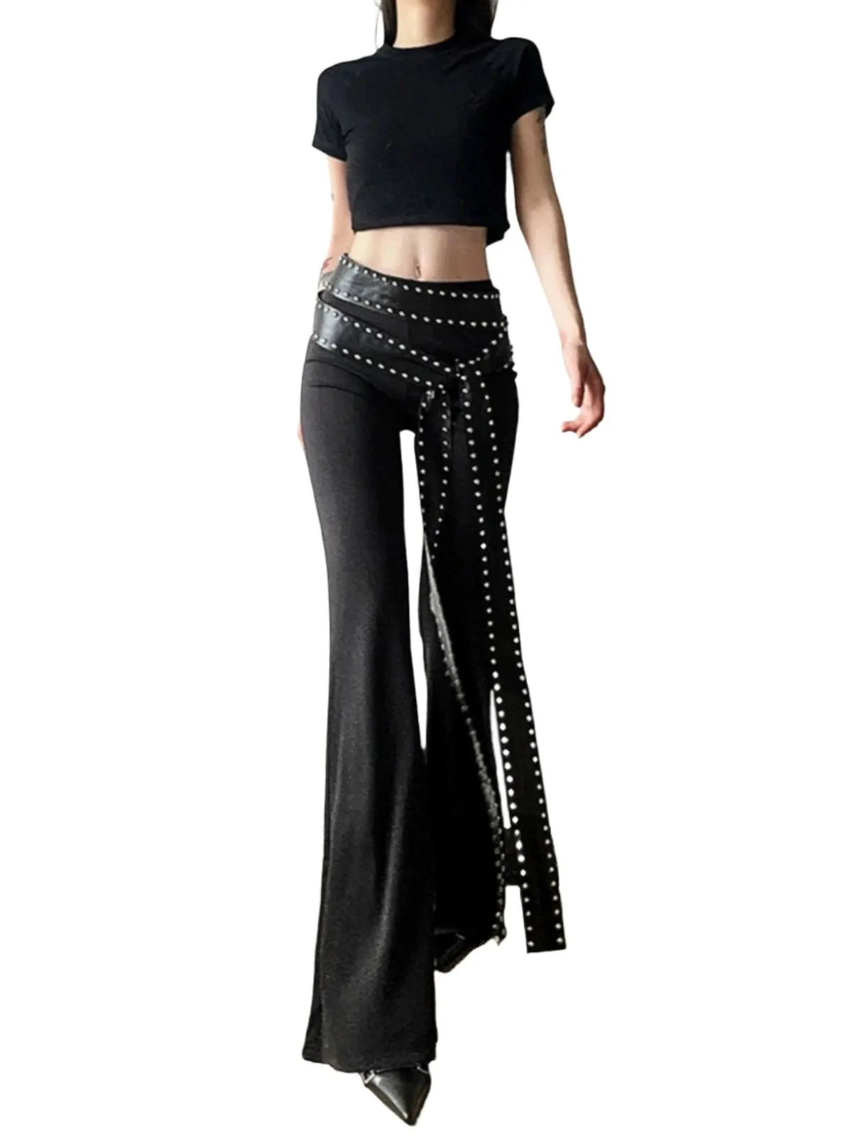 Rivet Belted Bell-Bottom Pants