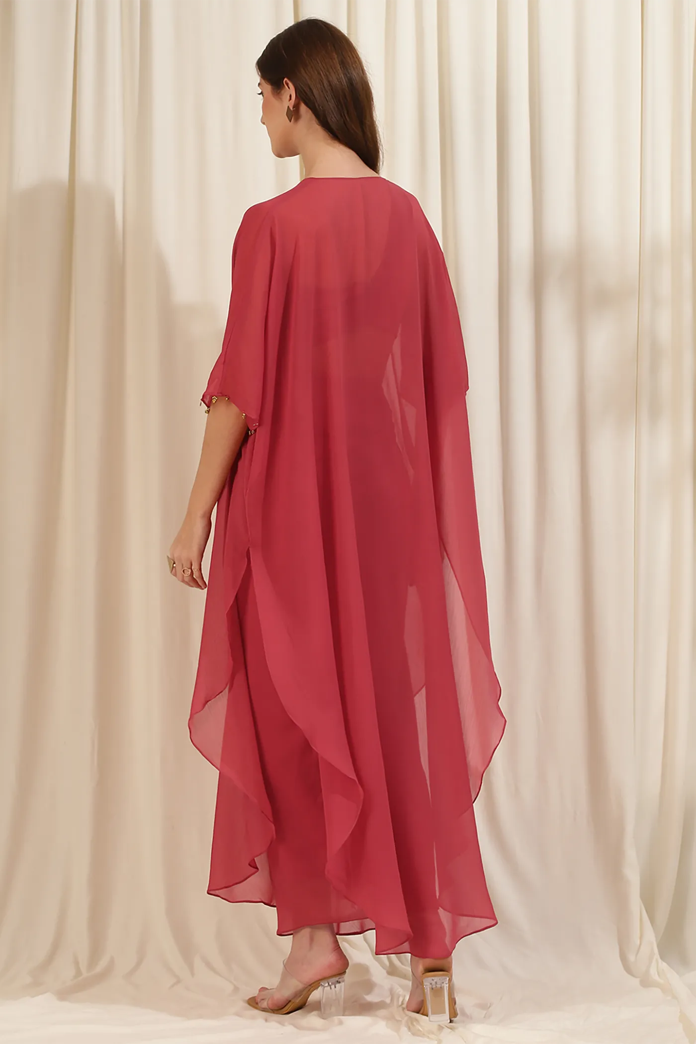 Rose Coral Chiffon blouse and Skirt Set with Cape