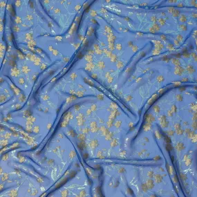 Royal Blue Silk Chiffon Fabric with Gold Floral Embroidery and Metallic Lurex, 110 cm Width, Made in South Korea-D21154