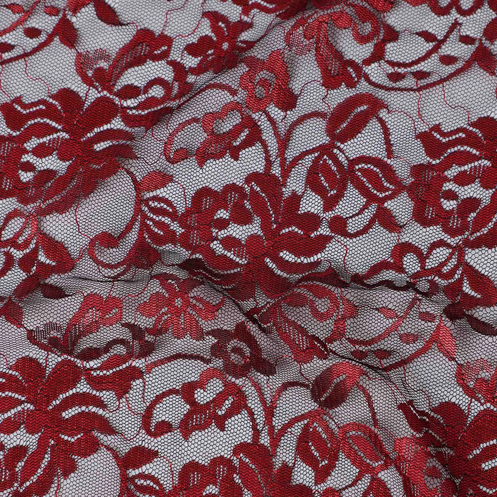 Ruby Red Floral Lace Fabric, 110 cm Width, Synthetic Material from Indonesia-D21136