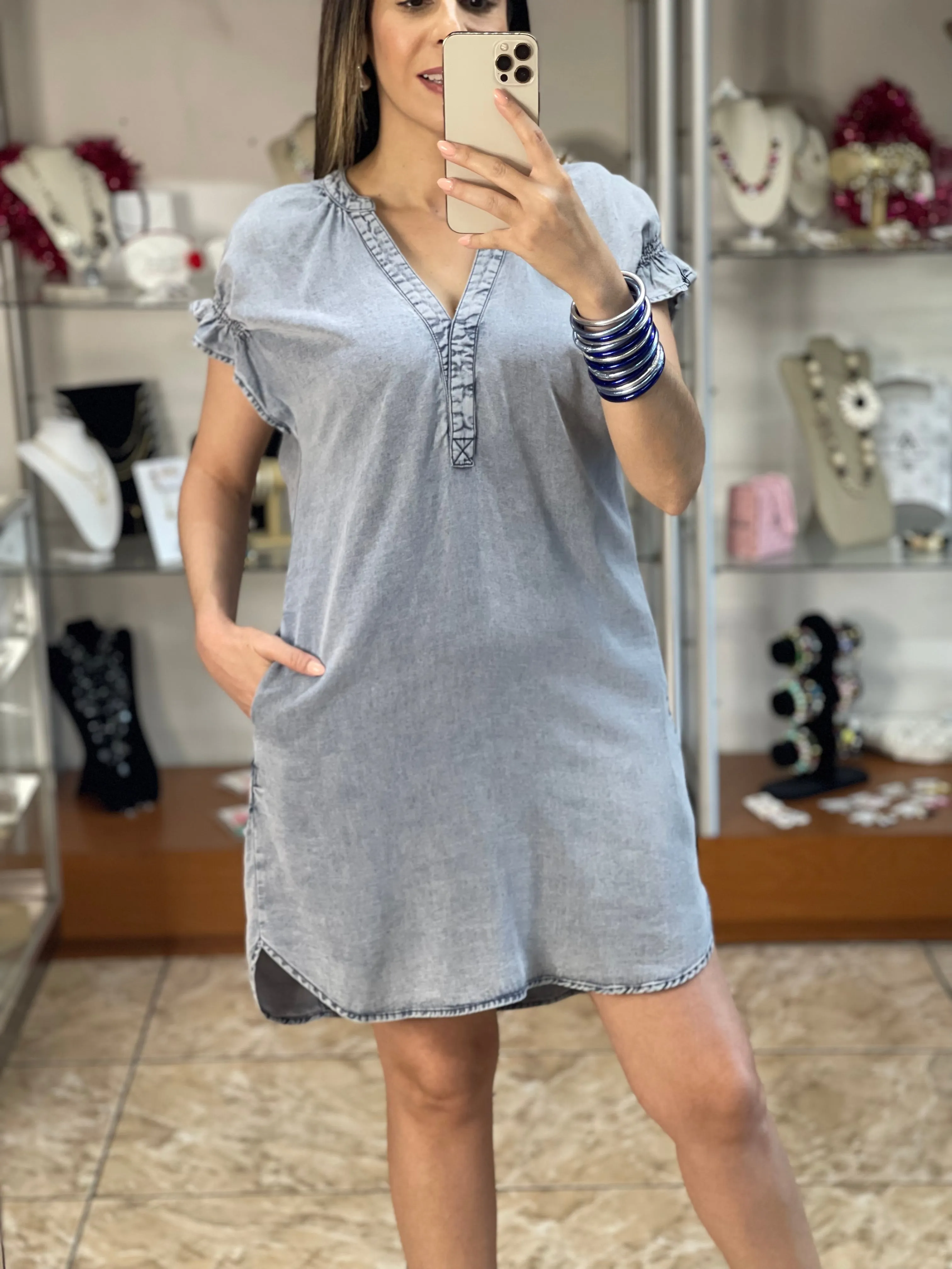 Ruffle Detail Denim Dress