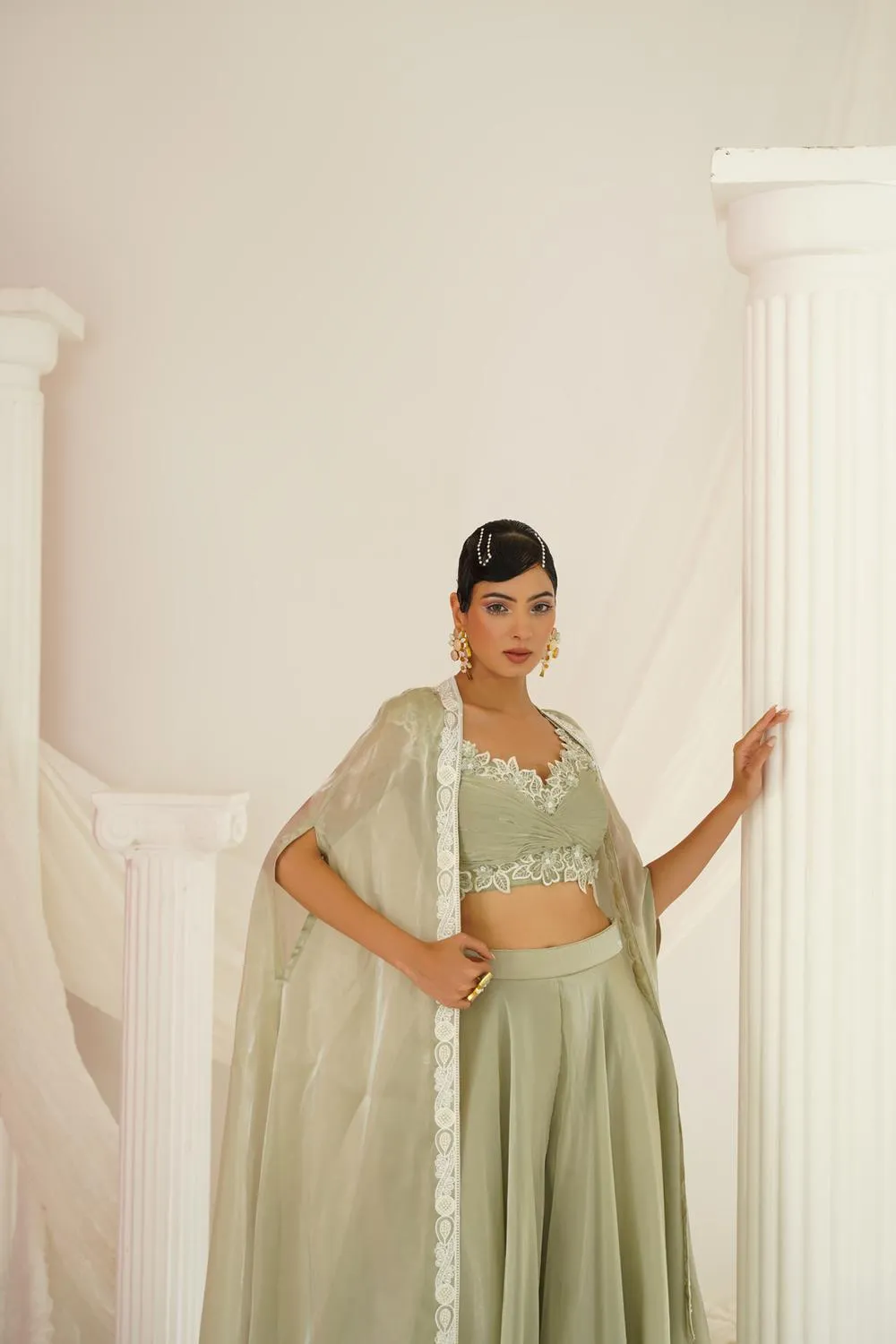 Sage Green Embroidered Sharara Set