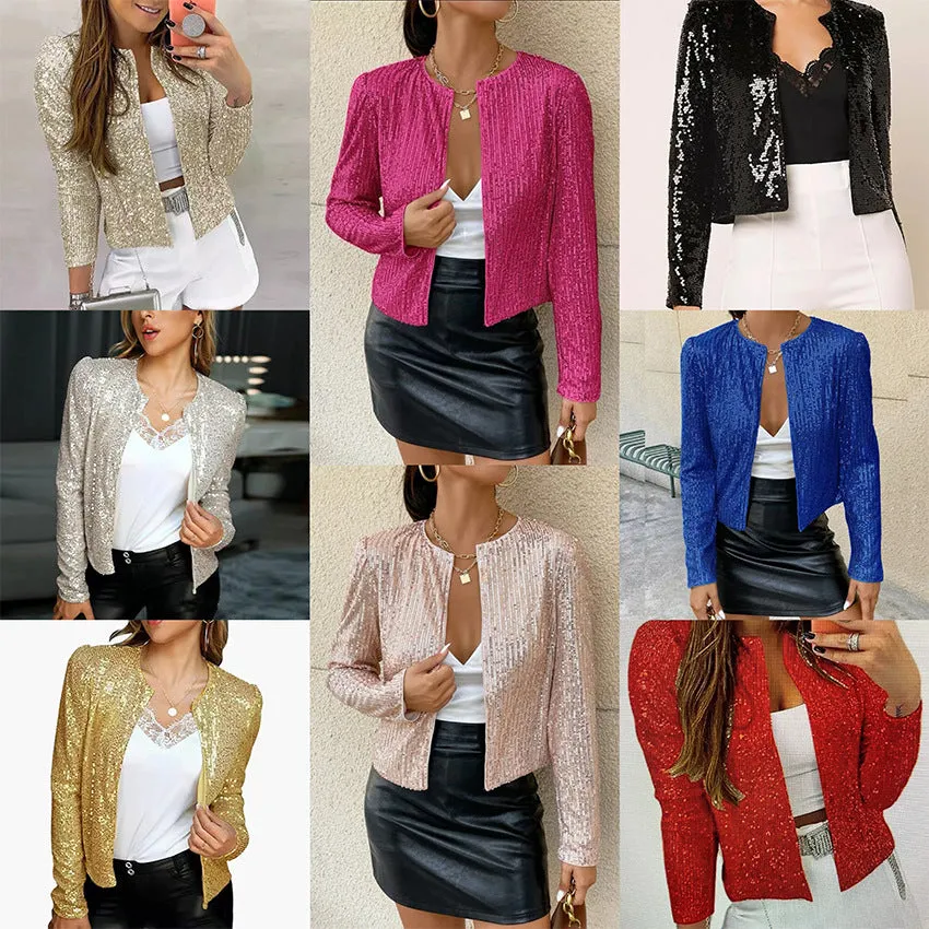 Sequin Round Neck Long Sleeve Cardigan