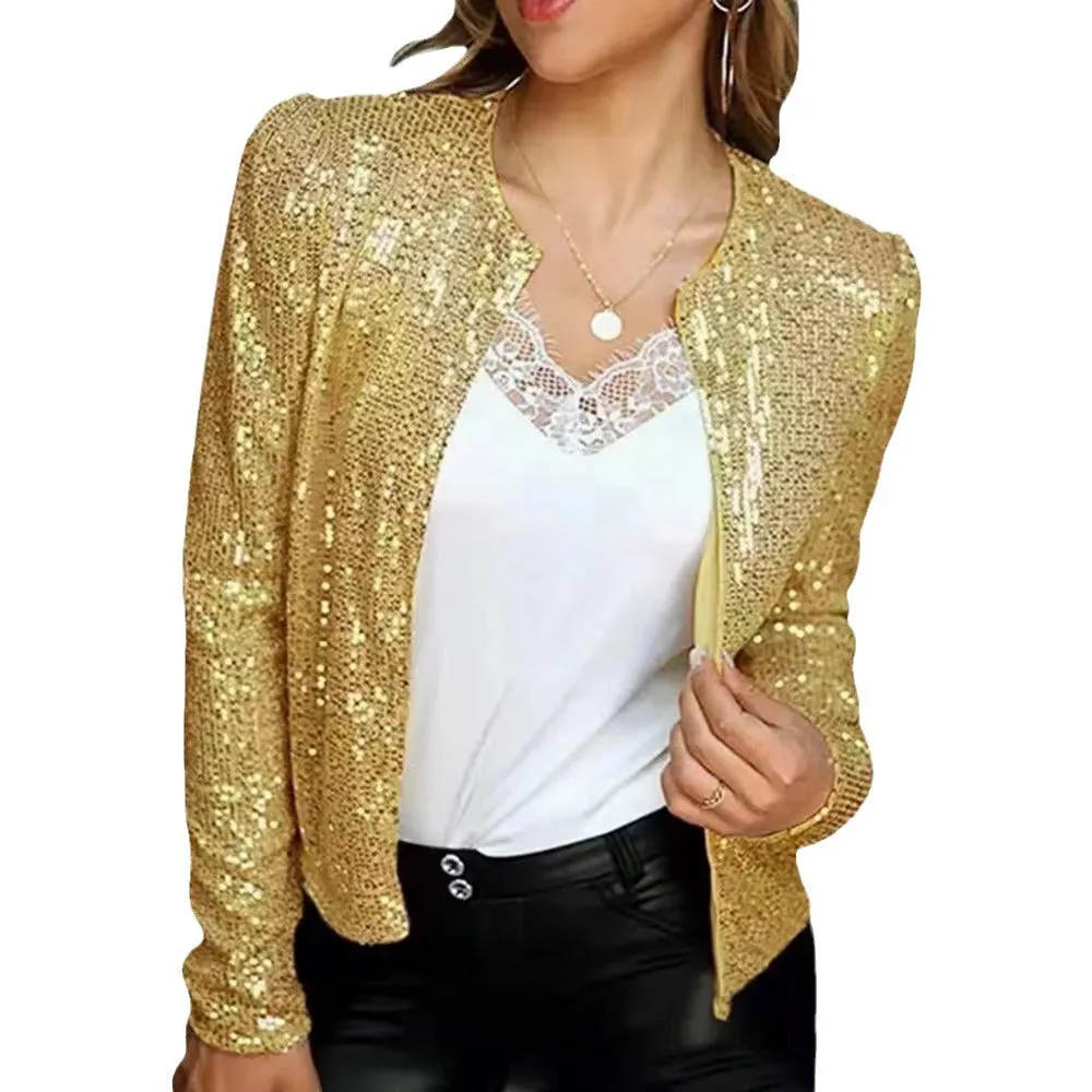 Sequin Round Neck Long Sleeve Cardigan