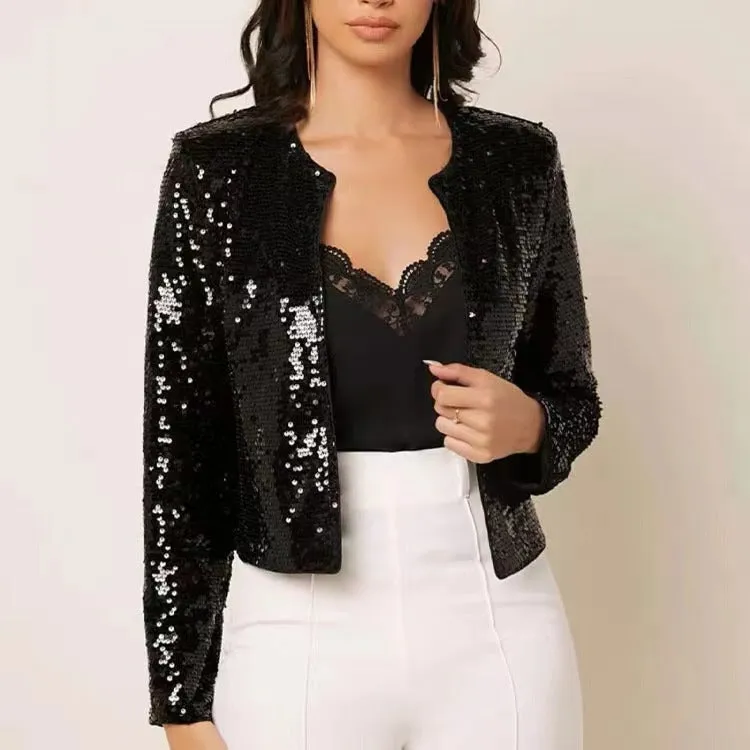 Sequin Round Neck Long Sleeve Cardigan