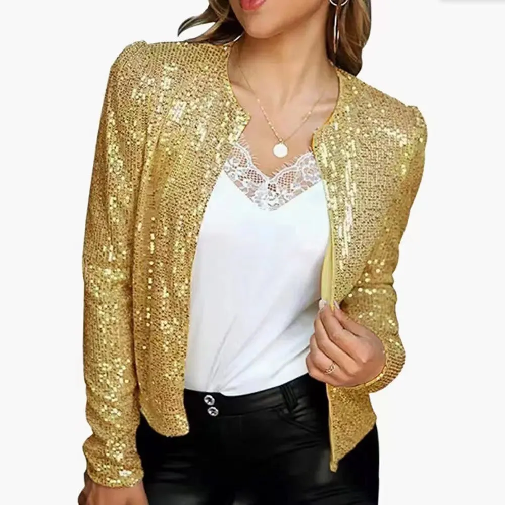 Sequin Round Neck Long Sleeve Cardigan