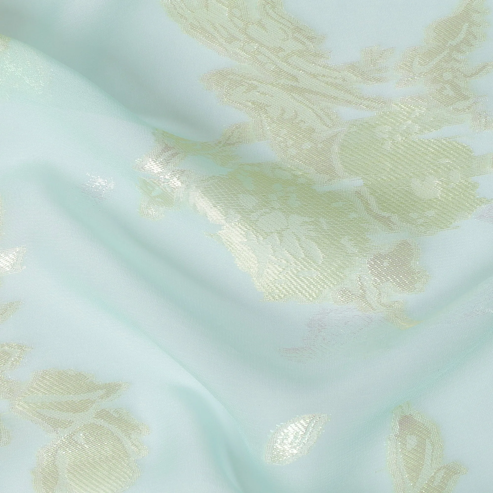 Serene Aqua Silk Chiffon Fabric with Golden Lurex Embellishments, 110 cm Width - Imported from South Korea-D20239