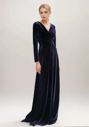 Sexy Long sleeves V-Neck tilting ruched waist wrap Velvet Dress