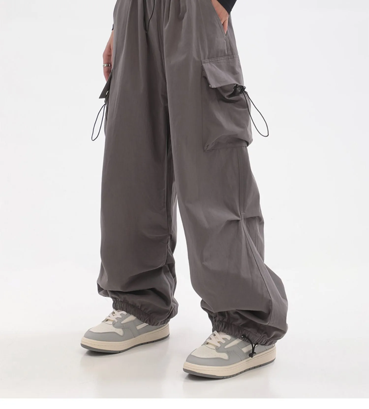 Sherlyn Solid Color Grey Straight Leg Multi-Pocket Cargo Parachute Pants