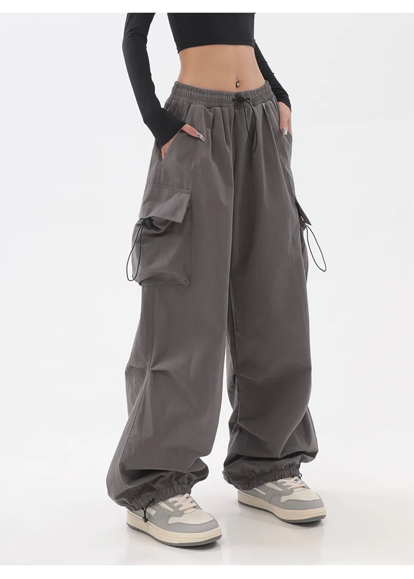 Sherlyn Solid Color Grey Straight Leg Multi-Pocket Cargo Parachute Pants