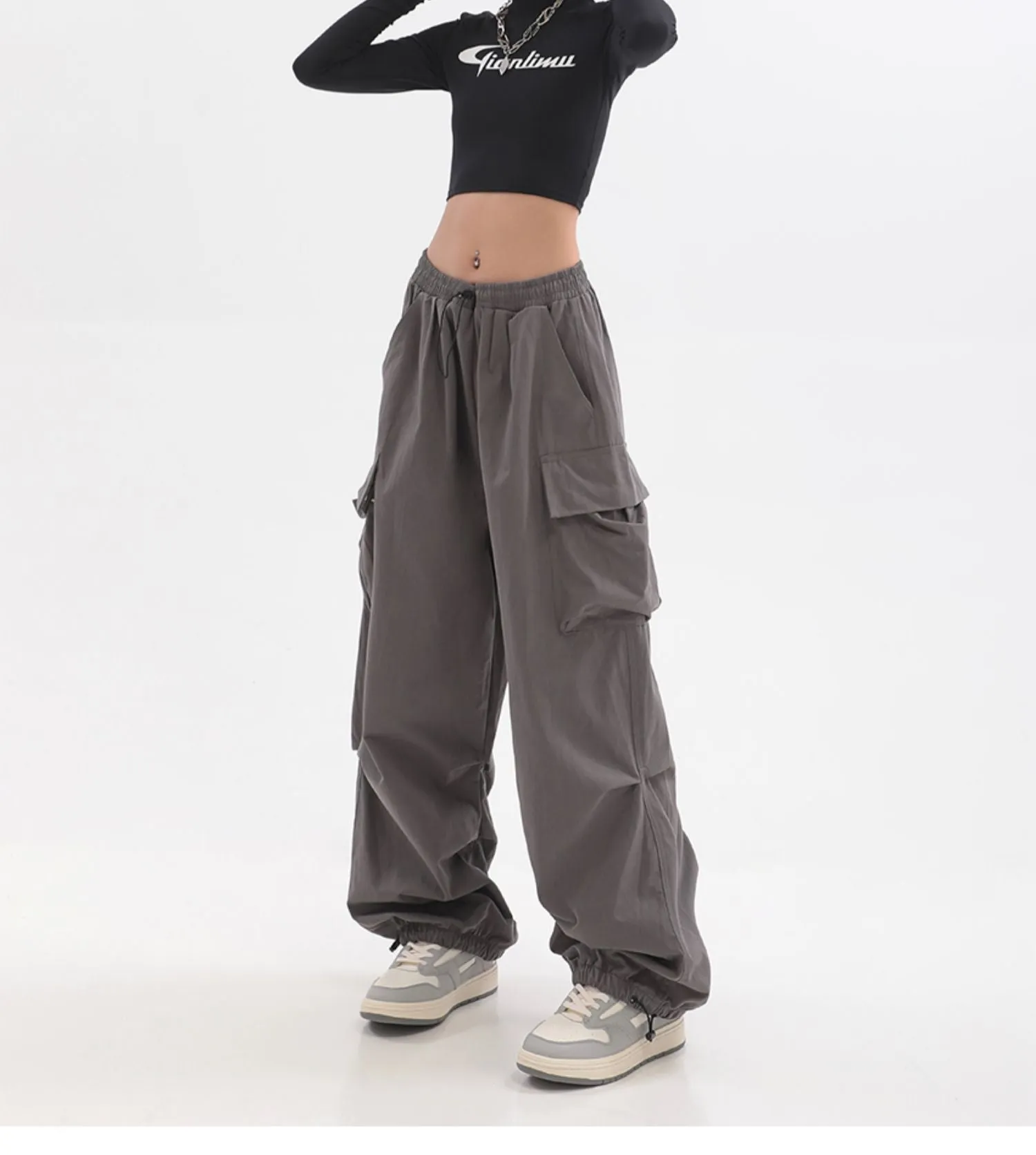 Sherlyn Solid Color Grey Straight Leg Multi-Pocket Cargo Parachute Pants