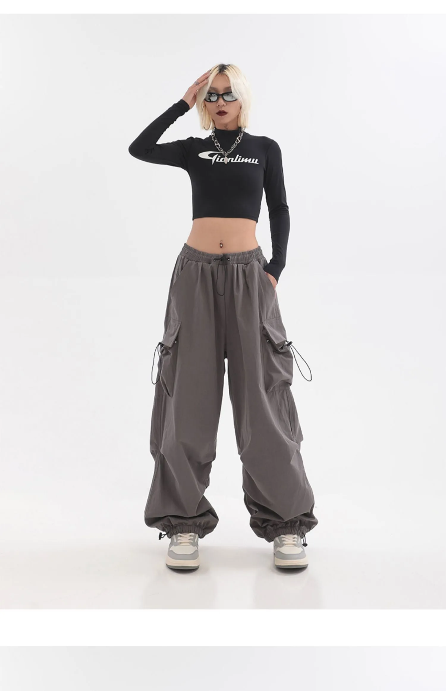 Sherlyn Solid Color Grey Straight Leg Multi-Pocket Cargo Parachute Pants