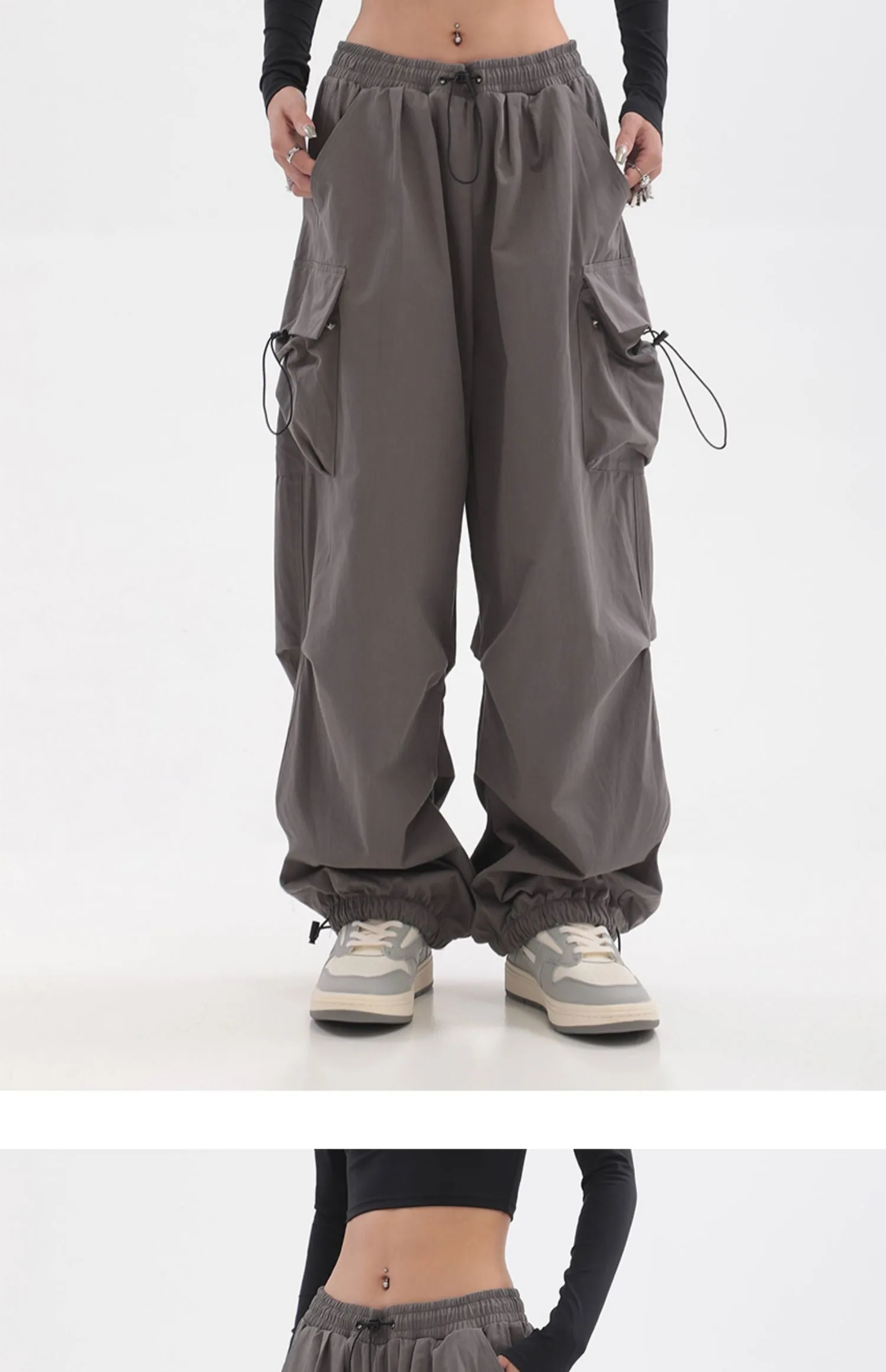 Sherlyn Solid Color Grey Straight Leg Multi-Pocket Cargo Parachute Pants