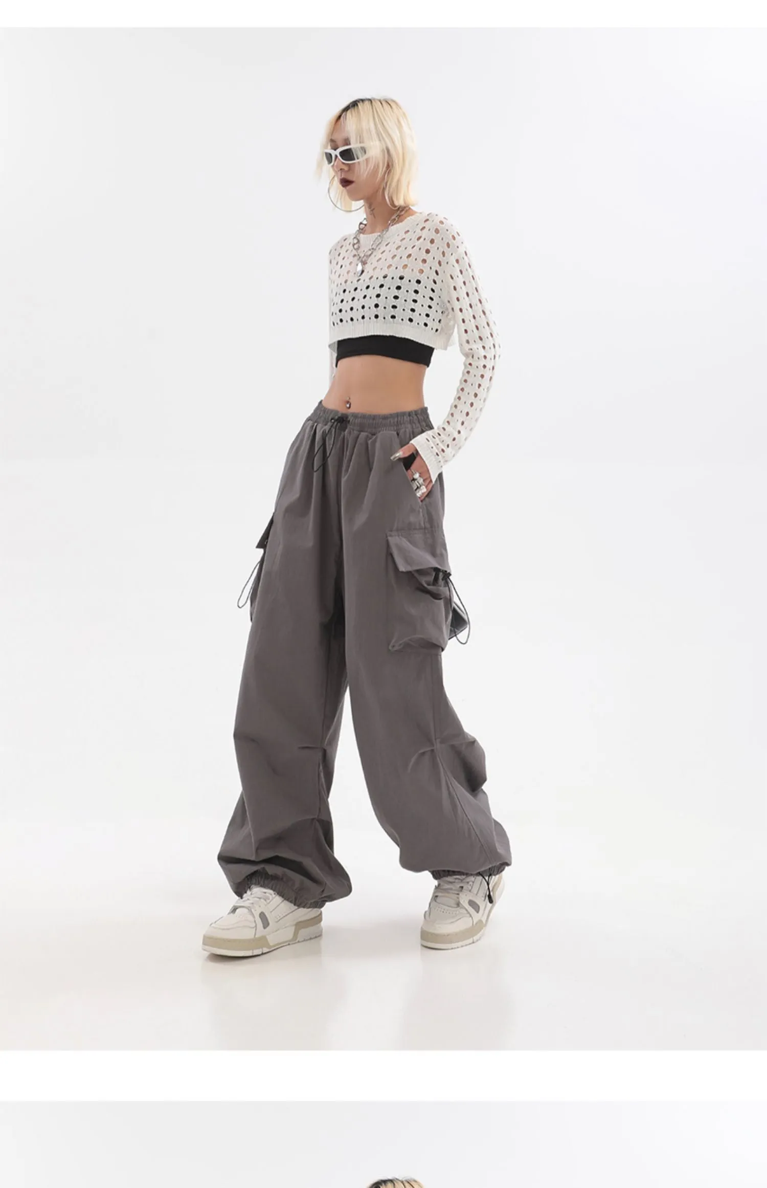 Sherlyn Solid Color Grey Straight Leg Multi-Pocket Cargo Parachute Pants