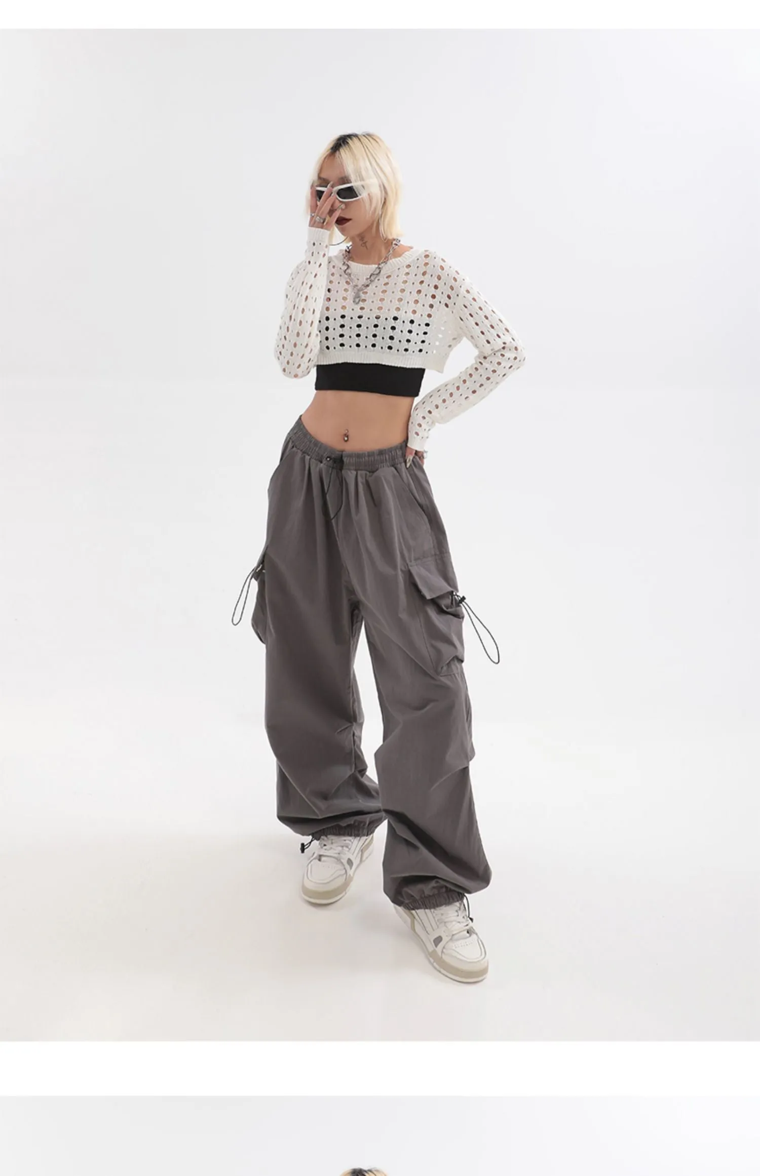 Sherlyn Solid Color Grey Straight Leg Multi-Pocket Cargo Parachute Pants