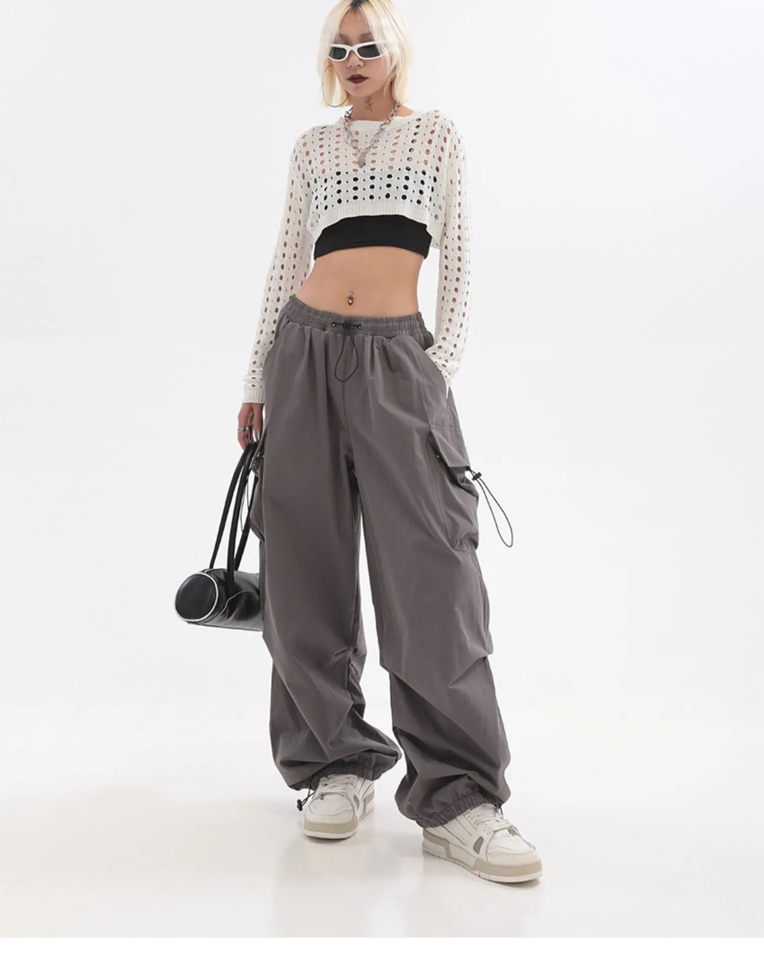 Sherlyn Solid Color Grey Straight Leg Multi-Pocket Cargo Parachute Pants