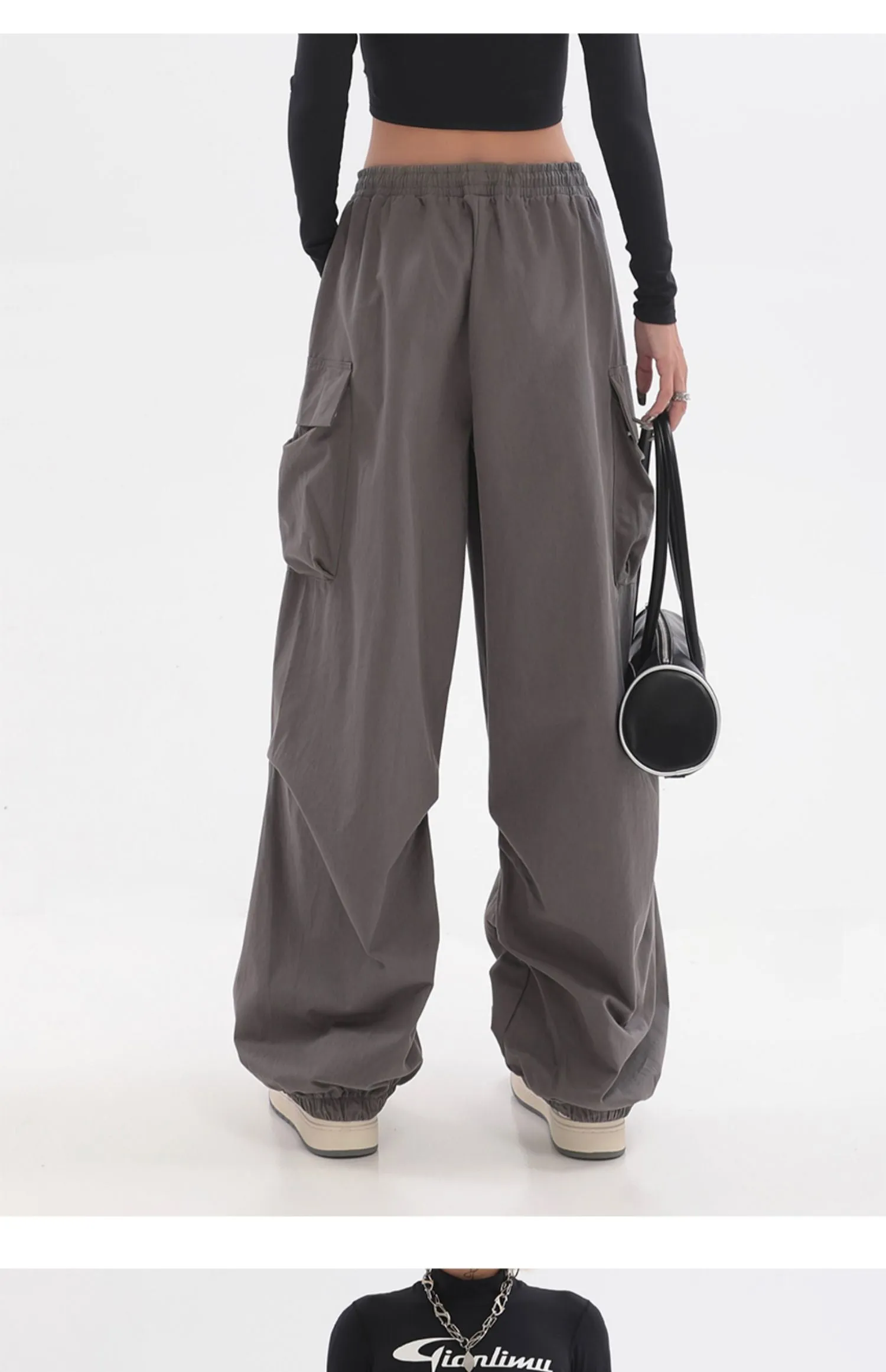 Sherlyn Solid Color Grey Straight Leg Multi-Pocket Cargo Parachute Pants