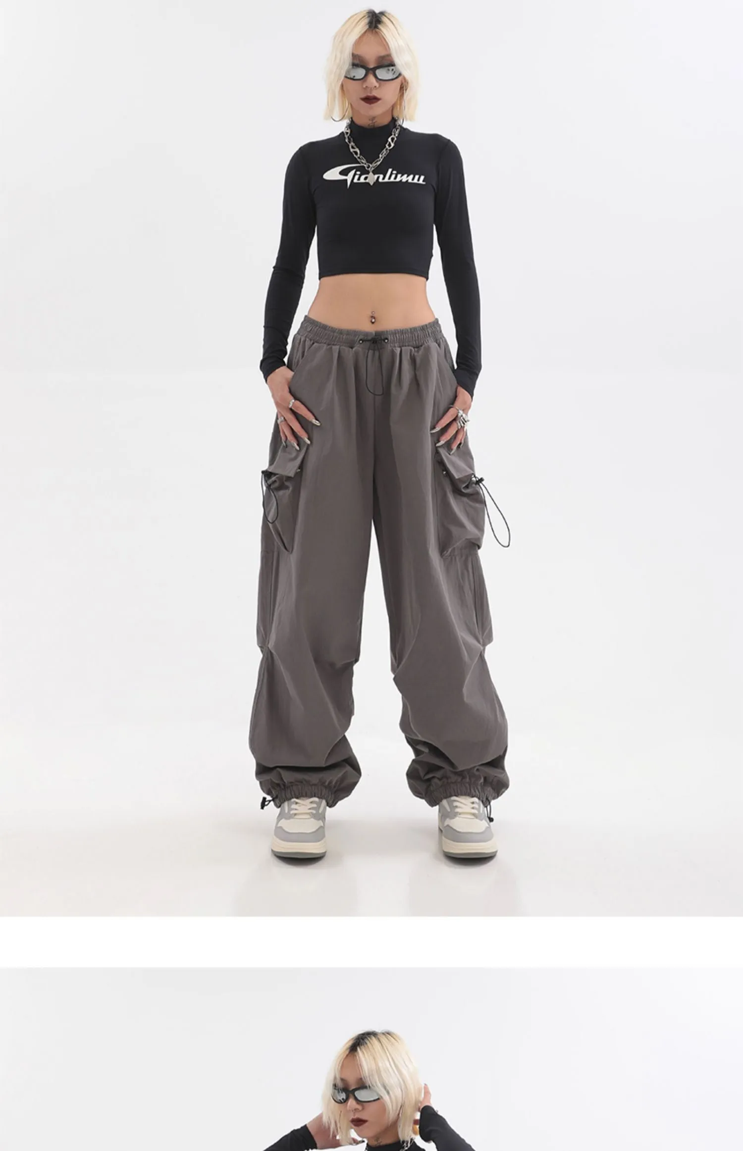 Sherlyn Solid Color Grey Straight Leg Multi-Pocket Cargo Parachute Pants