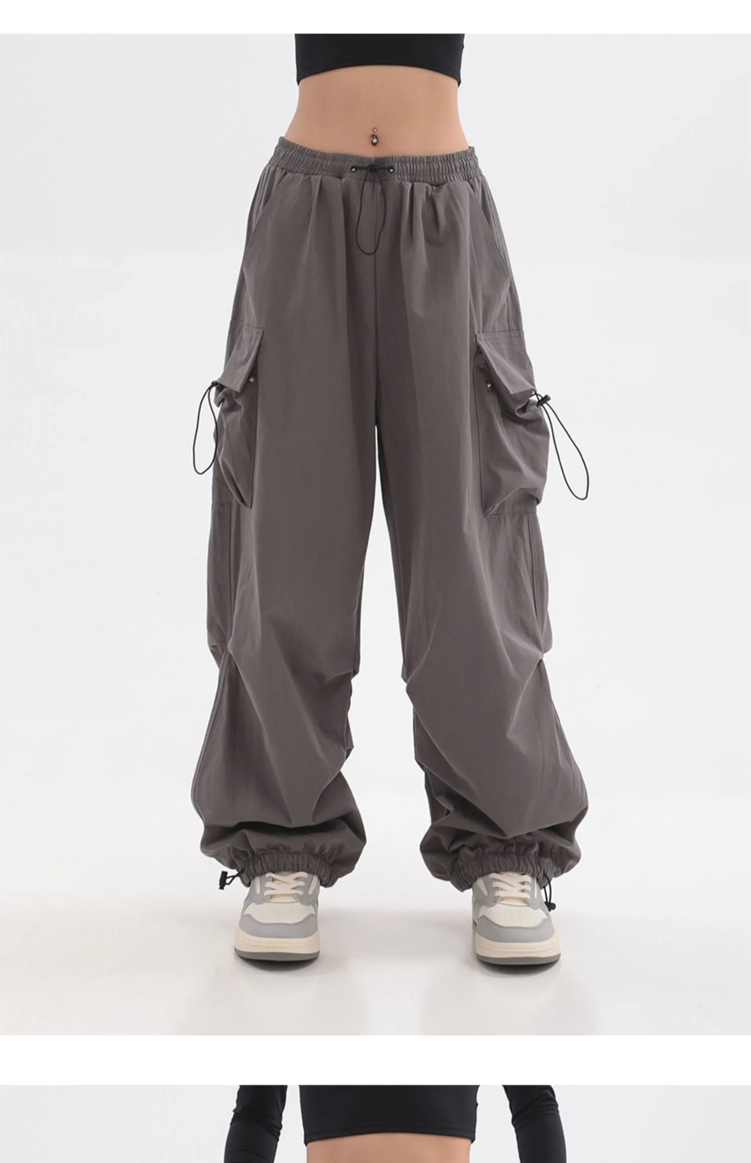 Sherlyn Solid Color Grey Straight Leg Multi-Pocket Cargo Parachute Pants