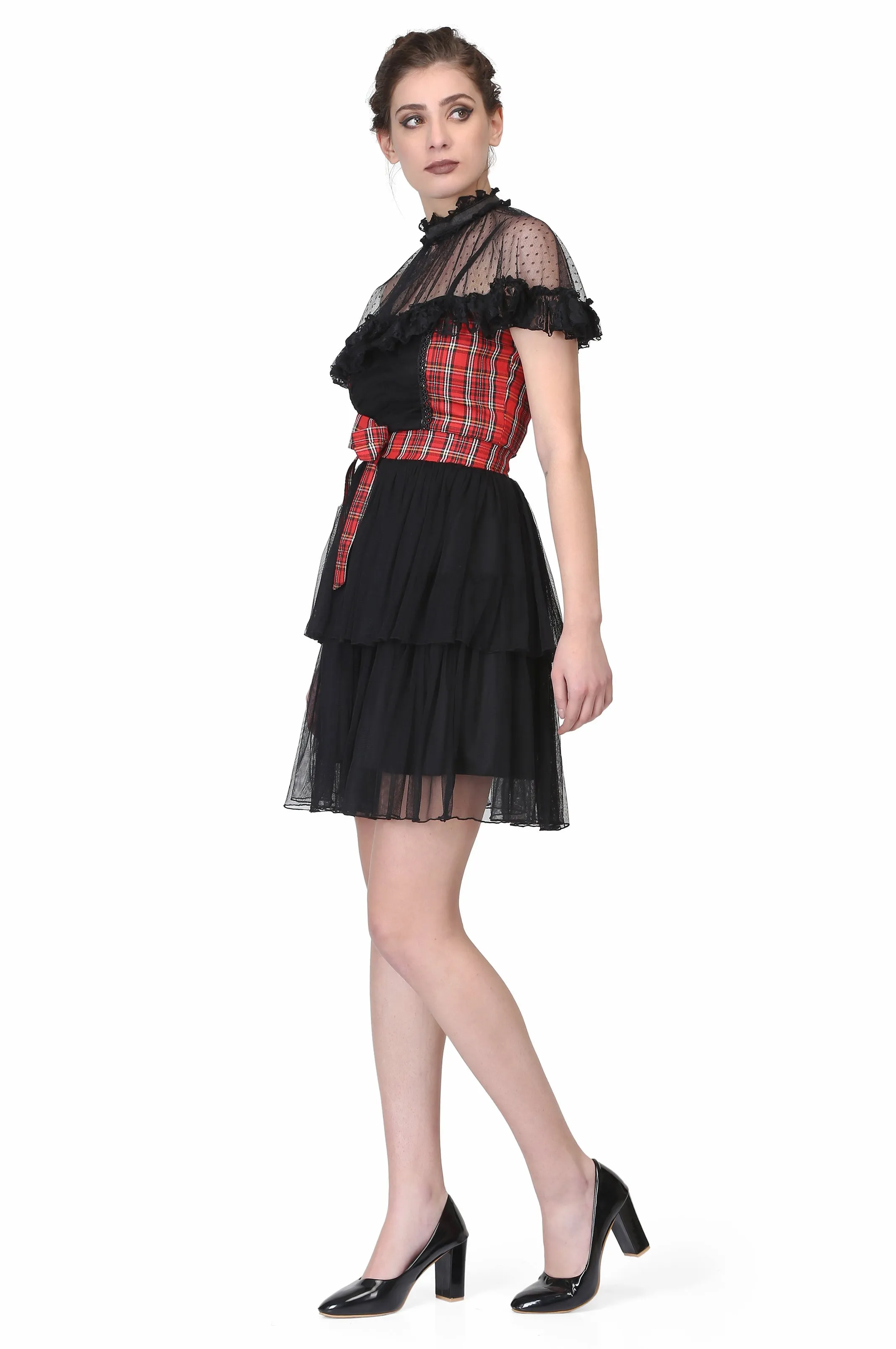 Short length Black Dress with Tartan Highlighting