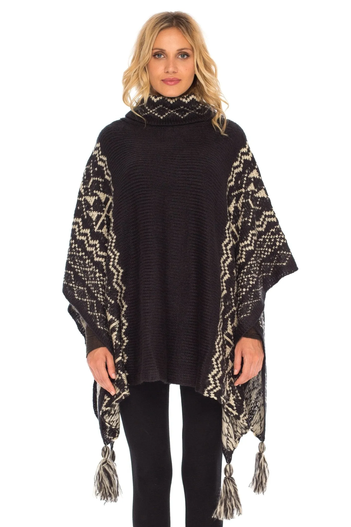 SHU-SHI Women's Knit Poncho | Oversized Cowl Neck Boho Shawl with Tassels | Pullover Sweater Cape