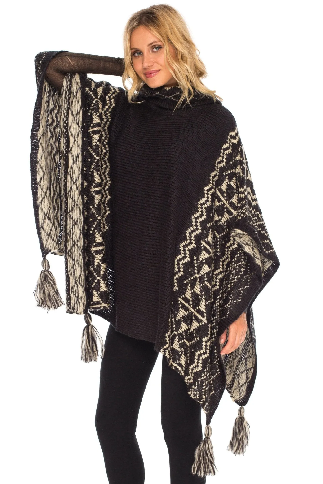 SHU-SHI Women's Knit Poncho | Oversized Cowl Neck Boho Shawl with Tassels | Pullover Sweater Cape