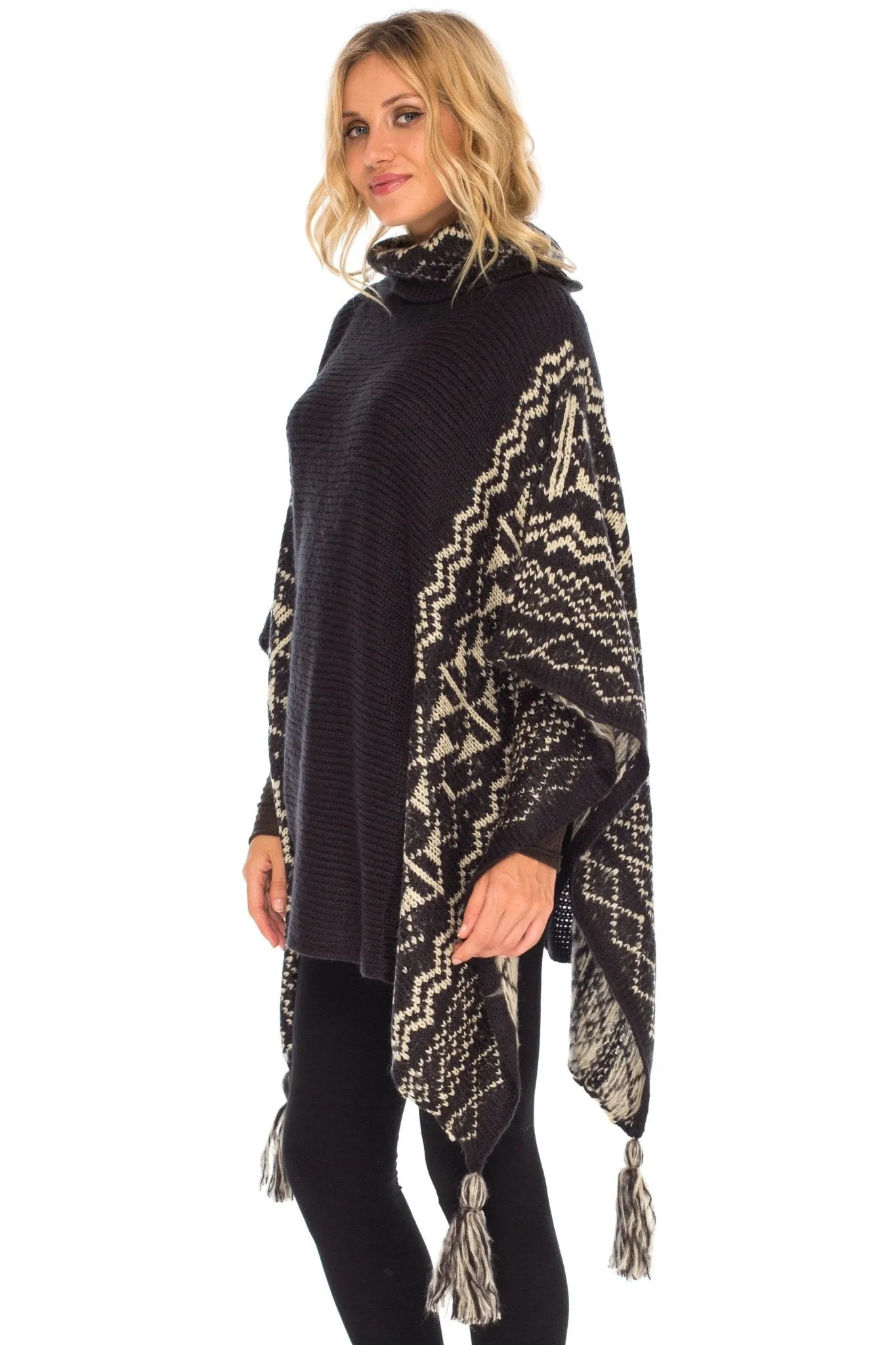 SHU-SHI Women's Knit Poncho | Oversized Cowl Neck Boho Shawl with Tassels | Pullover Sweater Cape