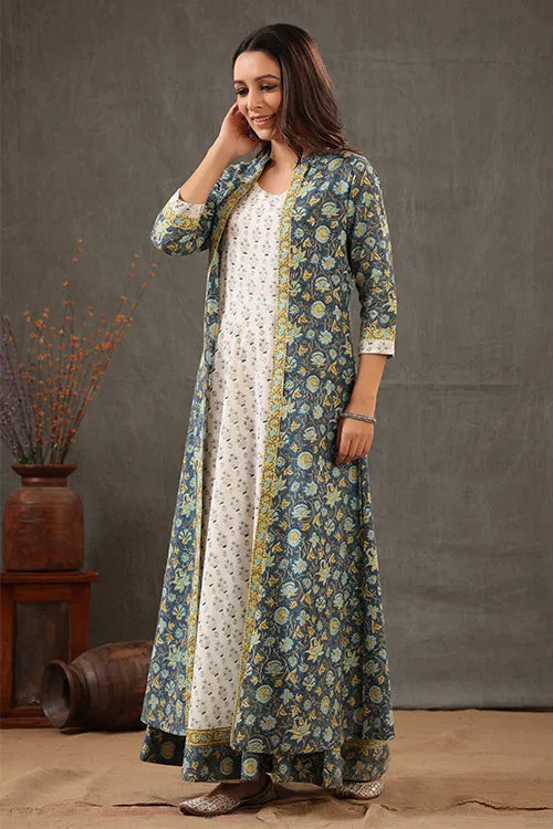 Shuddhi Cobalt Blue And Lemin Yellow Double Layered Dress